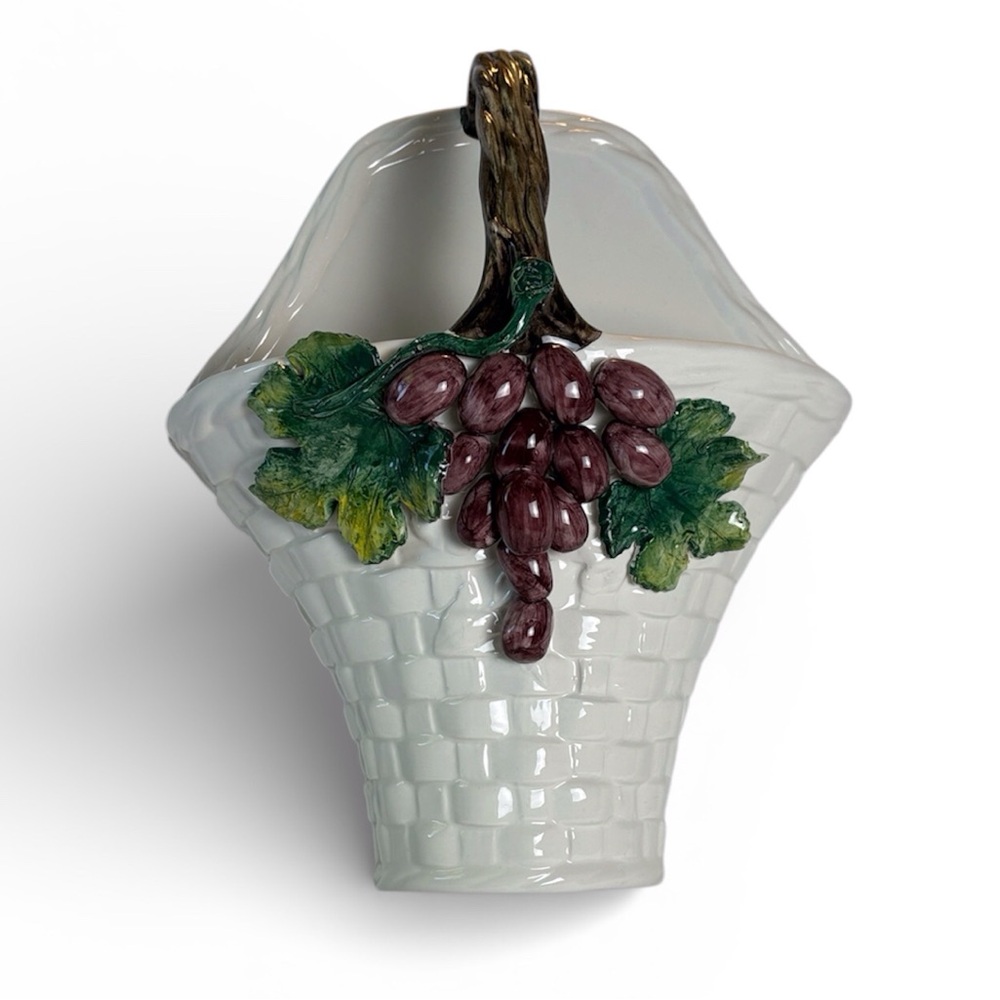 Italian Purple Grape Basketweave Wall Pocket Vase- Vintage Valli Ceramiche